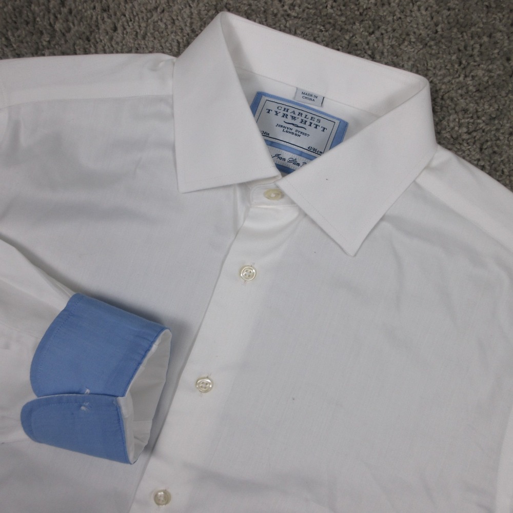 Charles Tyrwhitt Shirt Mens L 16.5 34 White Solid Non Iron Slim Dress Button Up